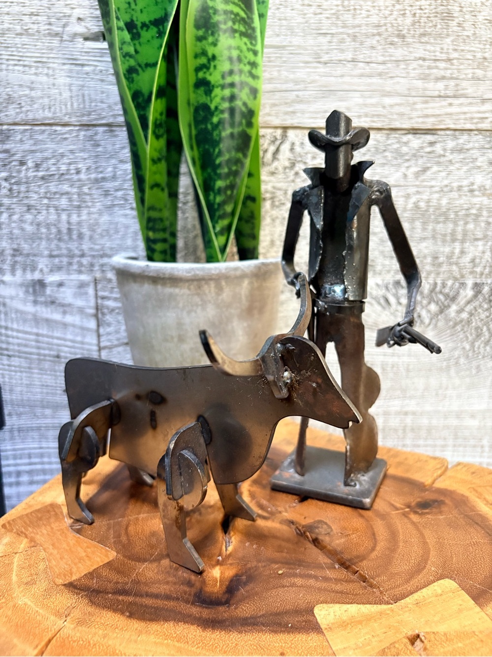 Vintage Metal Iron Cowboy & Bull Sculpture Set Rustic Industrial Folk Art Decor